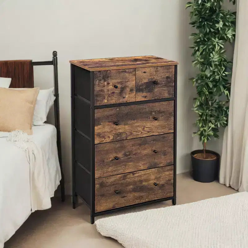 SONGMICS Commode de rangement à 5 tiroirs en tissu, tour de commode, façade et dessus en bois, façade et dessus en bois ajoutent une touche élégante