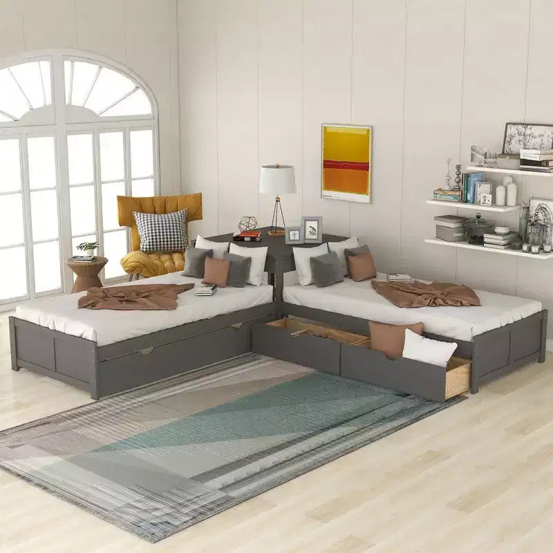 Lit plateforme en L jumeau avec lit gigogne et tiroirs relié à un bureau intégré, gris - ModernLuxe