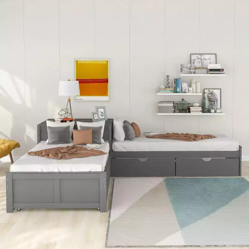 Lit plateforme en L jumeau avec lit gigogne et tiroirs relié à un bureau intégré, gris - ModernLuxe
