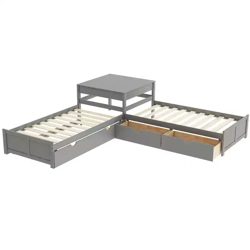 Lit plateforme en L jumeau avec lit gigogne et tiroirs relié à un bureau intégré, gris - ModernLuxe