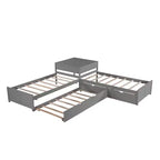 Lit plateforme en L jumeau avec lit gigogne et tiroirs relié à un bureau intégré, gris - ModernLuxe