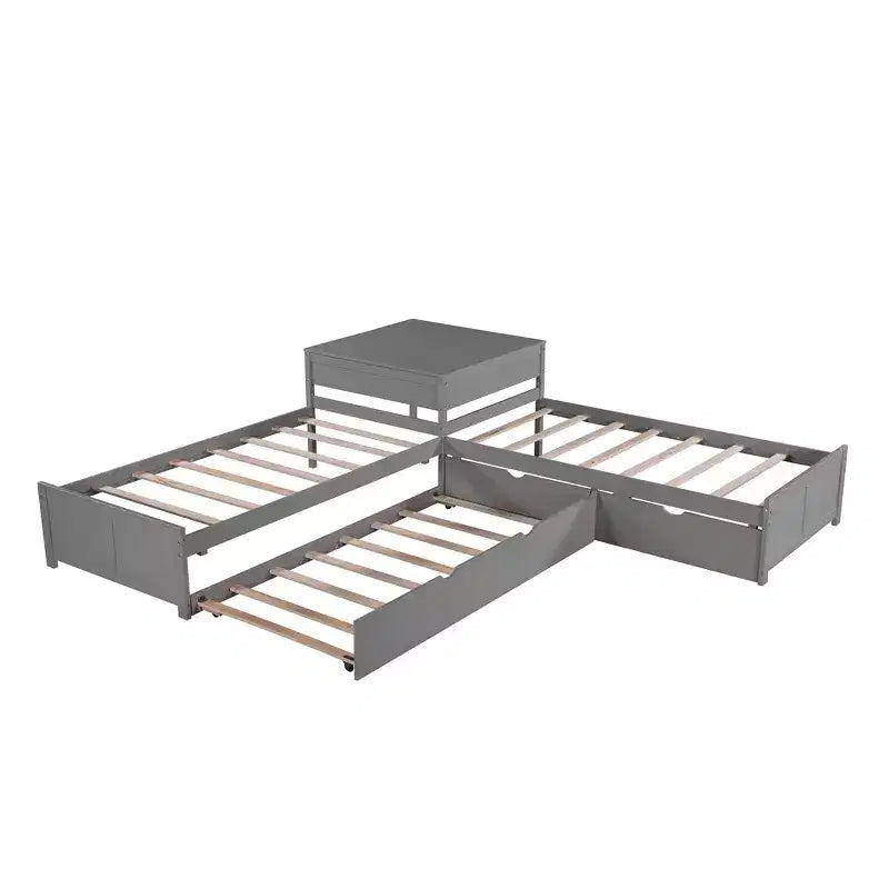 Lit plateforme en L jumeau avec lit gigogne et tiroirs relié à un bureau intégré, gris - ModernLuxe