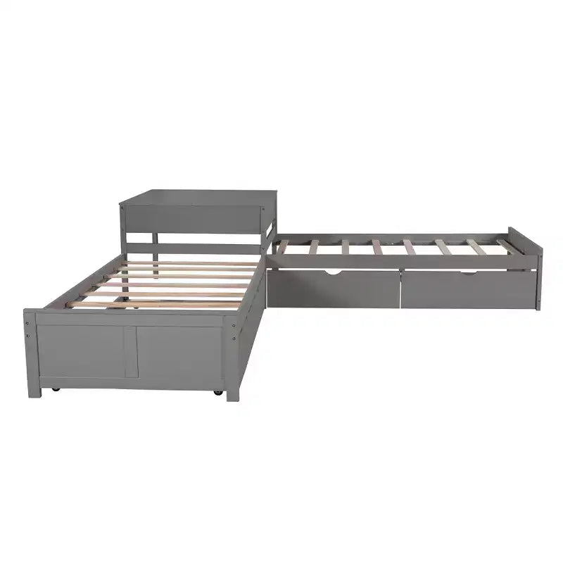 Lit plateforme en L jumeau avec lit gigogne et tiroirs relié à un bureau intégré, gris - ModernLuxe