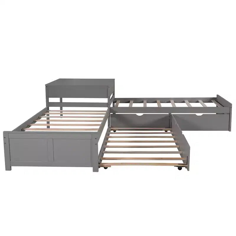 Lit plateforme en L jumeau avec lit gigogne et tiroirs relié à un bureau intégré, gris - ModernLuxe