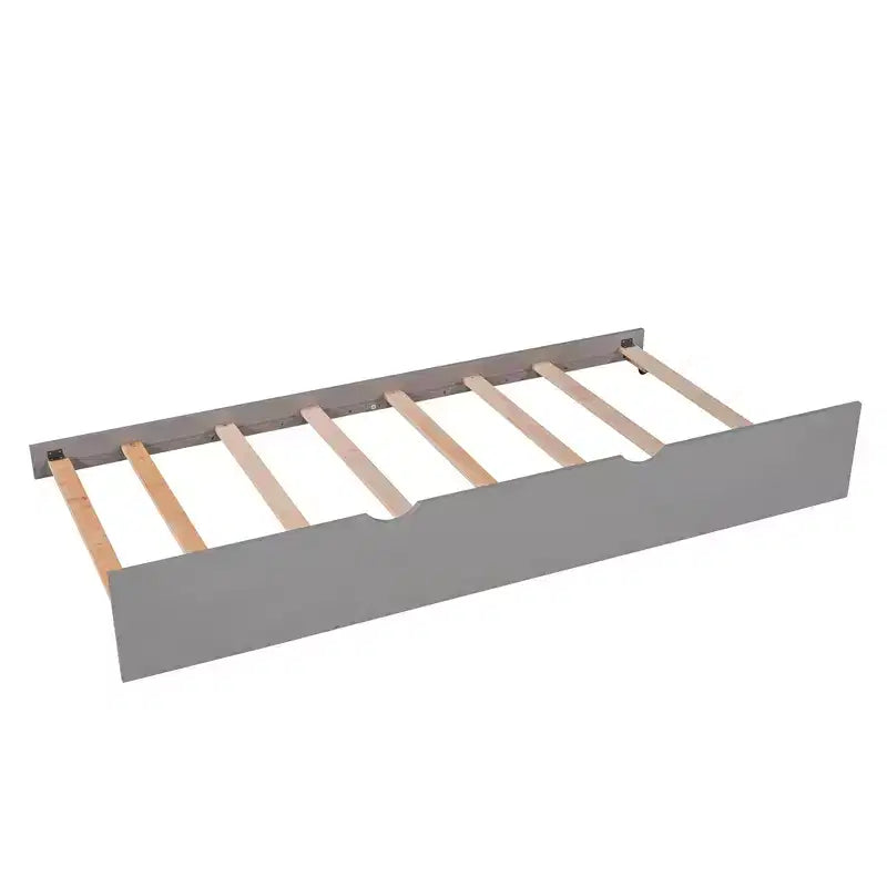 Lit plateforme en L jumeau avec lit gigogne et tiroirs relié à un bureau intégré, gris - ModernLuxe
