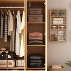 Famapy Armoire 4 portes beige avec finition couleur bois 2 tiroirs du bas Meuble de rangement élégant