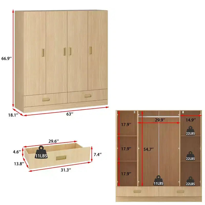 Famapy Armoire 4 portes beige avec finition couleur bois 2 tiroirs du bas Meuble de rangement élégant