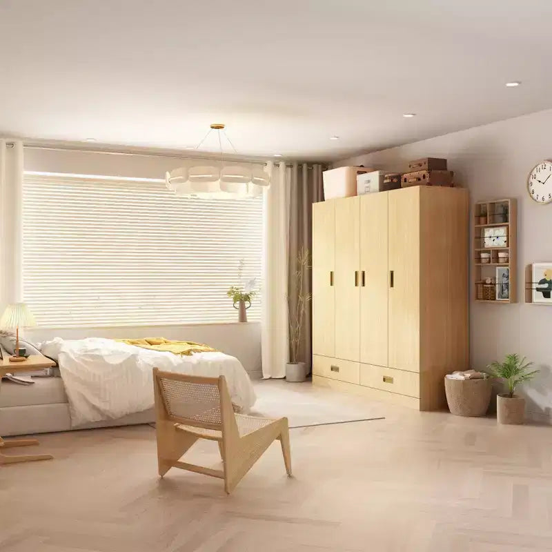 Famapy Armoire 4 portes beige avec finition couleur bois 2 tiroirs du bas Meuble de rangement élégant