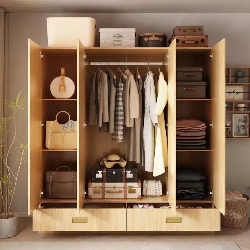 Famapy Armoire 4 portes beige avec finition couleur bois 2 tiroirs du bas Meuble de rangement élégant