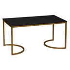 Half Moon Rectangular Coffee Table Black Oak Wood Grain and Gold Metal