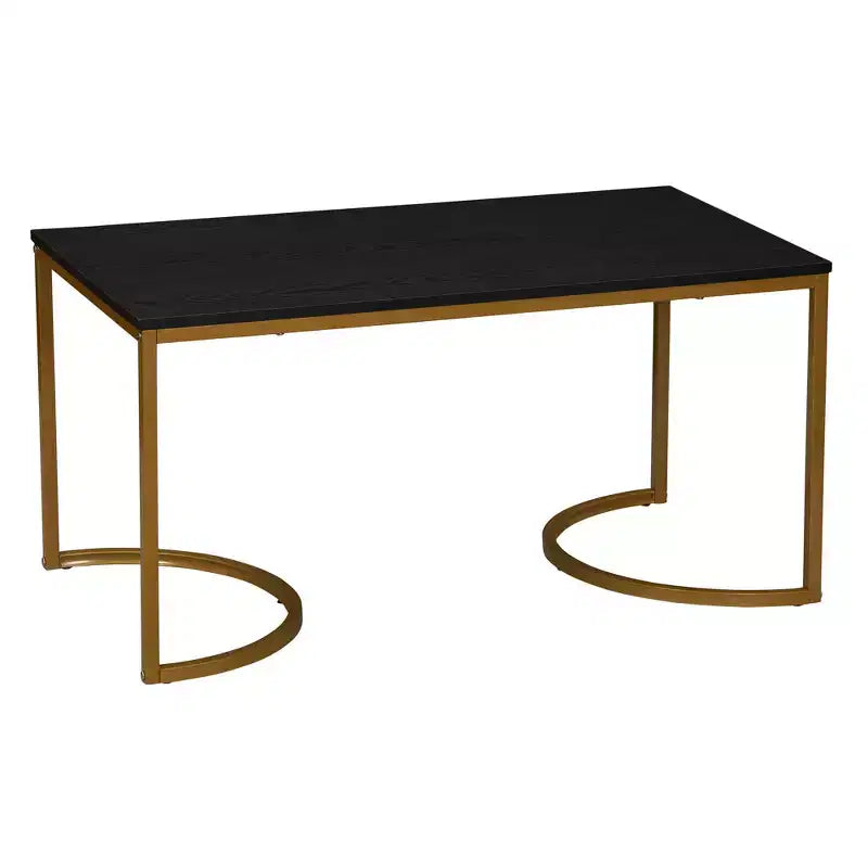 Half Moon Rectangular Coffee Table Black Oak Wood Grain and Gold Metal