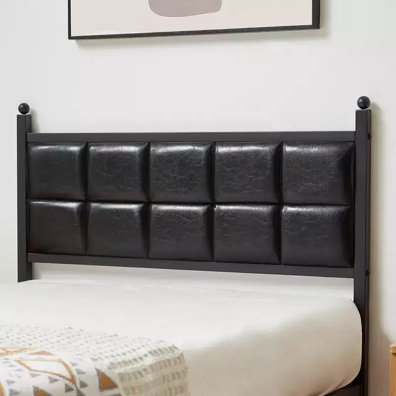 Lit en métal VECELO avec tête de lit en similicuir et 12 espaces de rangement sous le lit, noir mat
