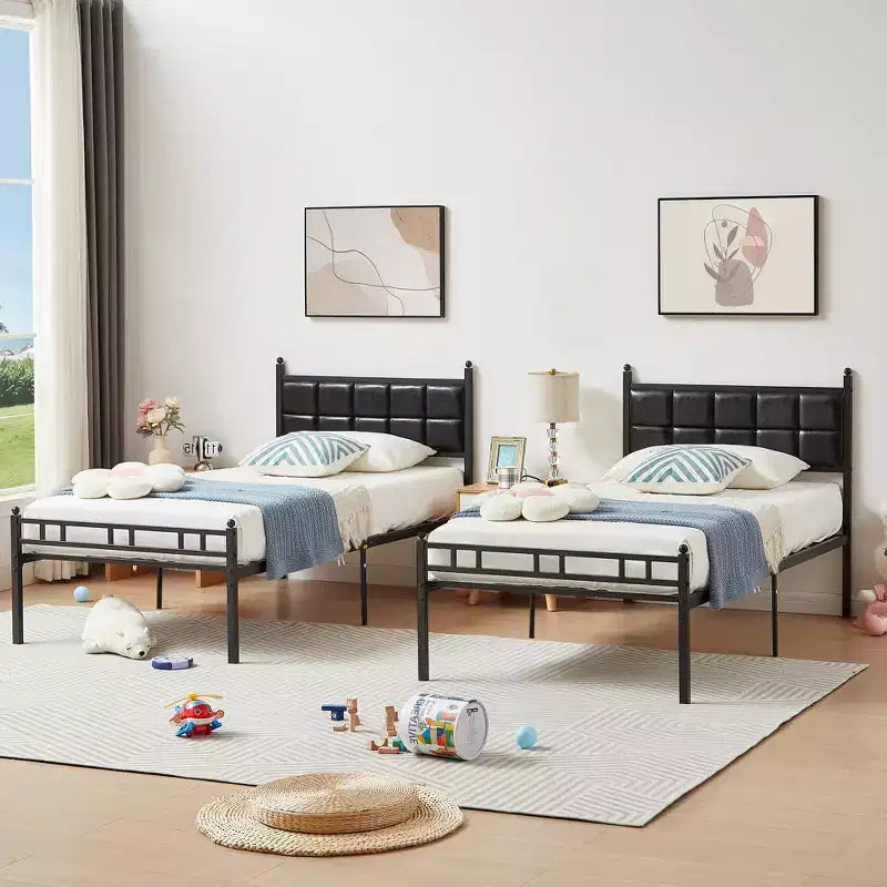 Lit en métal VECELO avec tête de lit en similicuir et 12 espaces de rangement sous le lit, noir mat