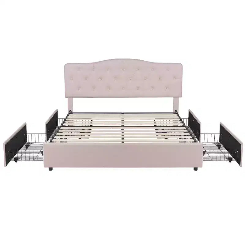 VECELO Queen/Full Size Bed Frame with Storage Drawers & Charging Ports, Upholstered Platform Bed Frame with Adjustable Headboard, Beige