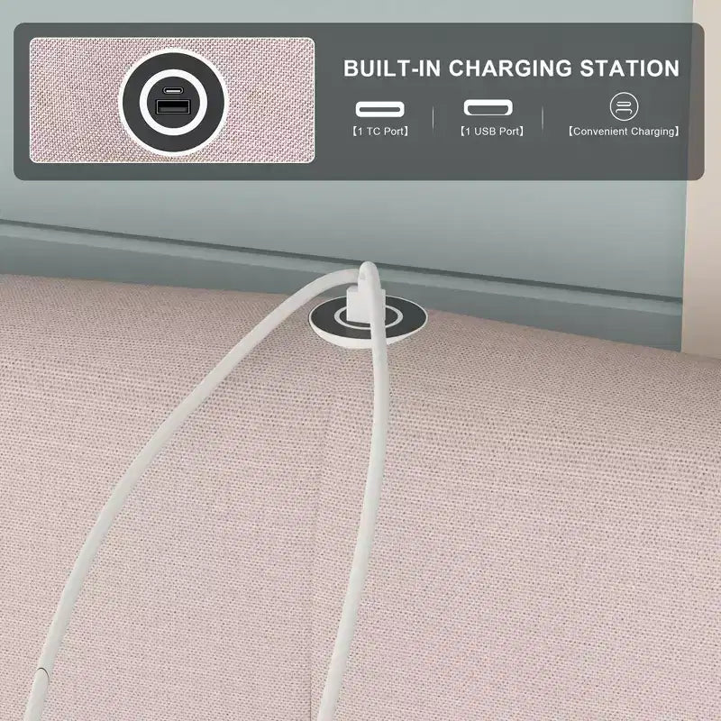 Cadre de lit VECELO Queen/Full avec tiroirs de rangement et ports de charge, cadre de lit plateforme rembourré avec tête de lit réglable, beige