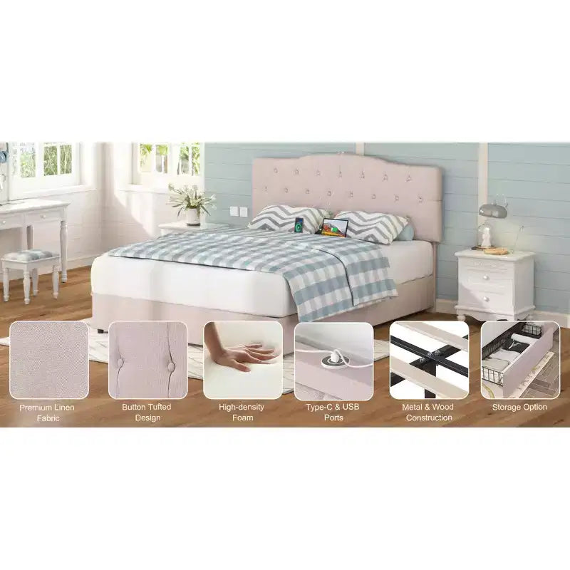 Cadre de lit VECELO Queen/Full avec tiroirs de rangement et ports de charge, cadre de lit plateforme rembourré avec tête de lit réglable, beige