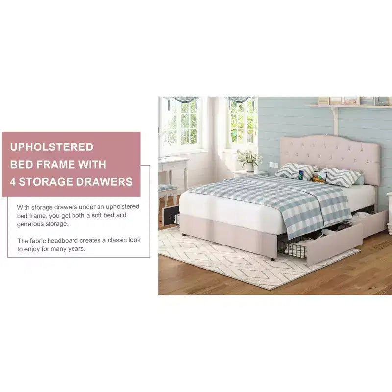 Cadre de lit VECELO Queen/Full avec tiroirs de rangement et ports de charge, cadre de lit plateforme rembourré avec tête de lit réglable, beige