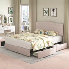 Cadre de lit VECELO Queen/Full avec tiroirs de rangement et ports de charge, cadre de lit plateforme rembourré avec tête de lit réglable, beige