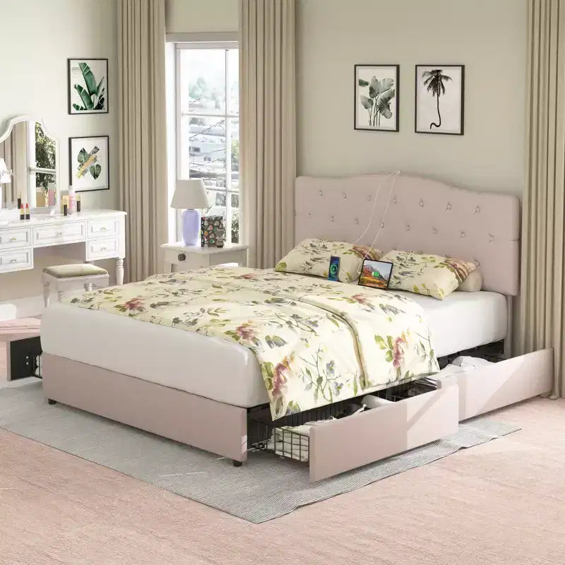Cadre de lit VECELO Queen/Full avec tiroirs de rangement et ports de charge, cadre de lit plateforme rembourré avec tête de lit réglable, beige