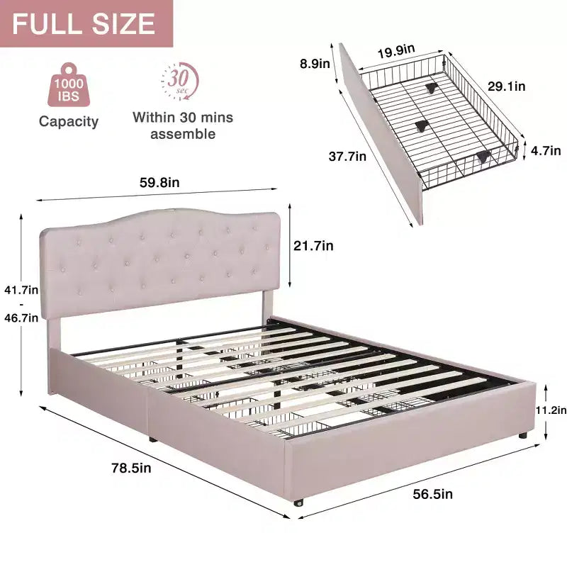 Cadre de lit VECELO Queen/Full avec tiroirs de rangement et ports de charge, cadre de lit plateforme rembourré avec tête de lit réglable, beige