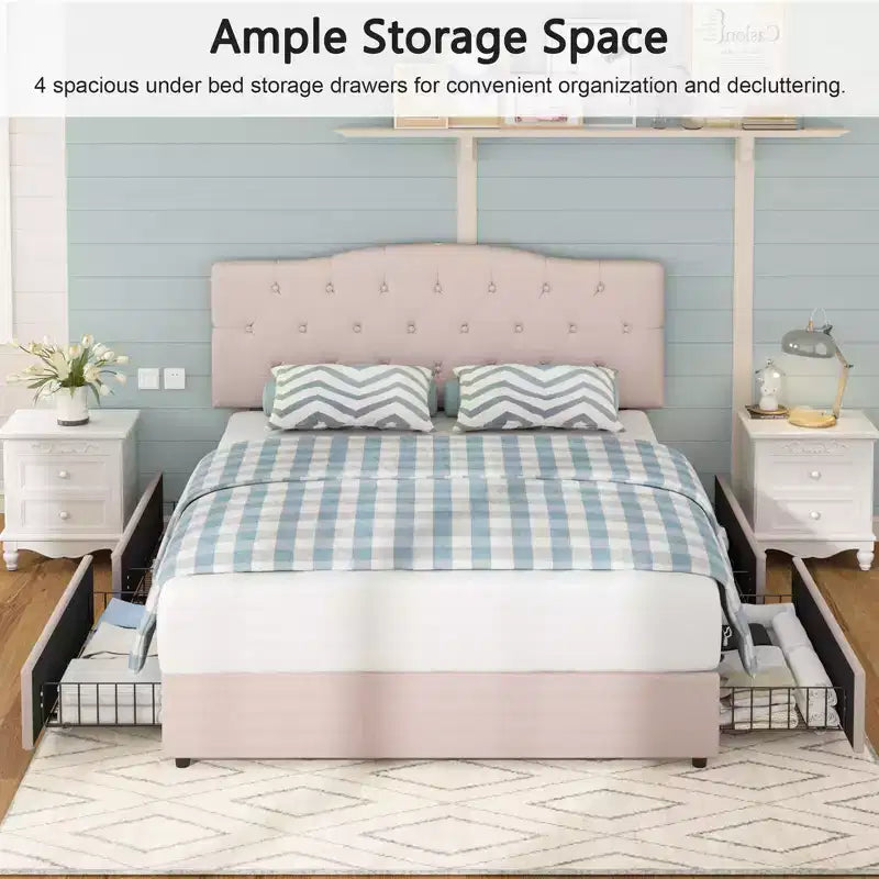 Cadre de lit VECELO Queen/Full avec tiroirs de rangement et ports de charge, cadre de lit plateforme rembourré avec tête de lit réglable, beige
