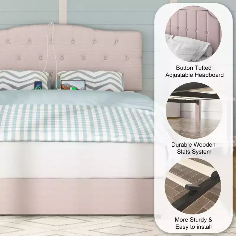 Cadre de lit VECELO Queen/Full avec tiroirs de rangement et ports de charge, cadre de lit plateforme rembourré avec tête de lit réglable, beige