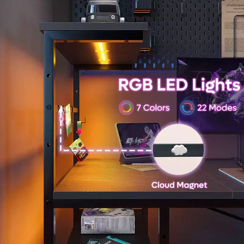 Bureau gaming Bestier de 155 cm avec éclairage LED RGB, bureau d'ordinateur avec étagères de rangement réversibles à 4 niveaux, crochets, porte-gobelet et aimants - Noir