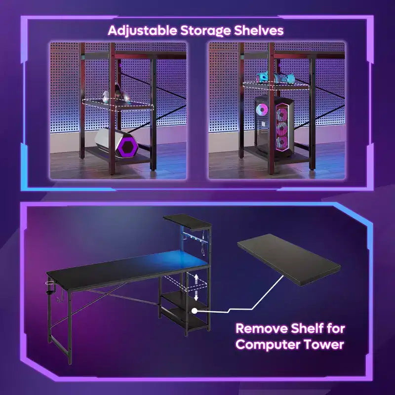 Bureau gaming Bestier de 155 cm avec éclairage LED RGB, bureau d'ordinateur avec étagères de rangement réversibles à 4 niveaux, crochets, porte-gobelet et aimants - Noir