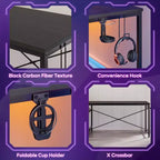 Bureau gaming Bestier de 155 cm avec éclairage LED RGB, bureau d'ordinateur avec étagères de rangement réversibles à 4 niveaux, crochets, porte-gobelet et aimants - Noir