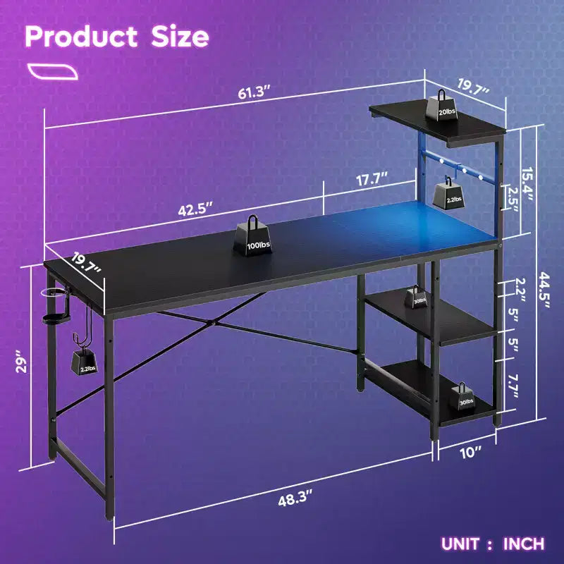 Bureau gaming Bestier de 155 cm avec éclairage LED RGB, bureau d'ordinateur avec étagères de rangement réversibles à 4 niveaux, crochets, porte-gobelet et aimants - Noir