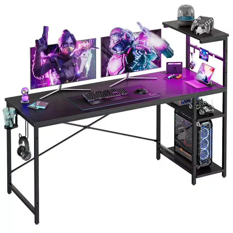 Bureau gaming Bestier de 155 cm avec éclairage LED RGB, bureau d'ordinateur avec étagères de rangement réversibles à 4 niveaux, crochets, porte-gobelet et aimants - Noir