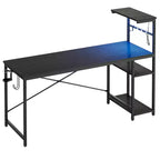 Bureau gaming Bestier de 155 cm avec éclairage LED RGB, bureau d'ordinateur avec étagères de rangement réversibles à 4 niveaux, crochets, porte-gobelet et aimants - Noir