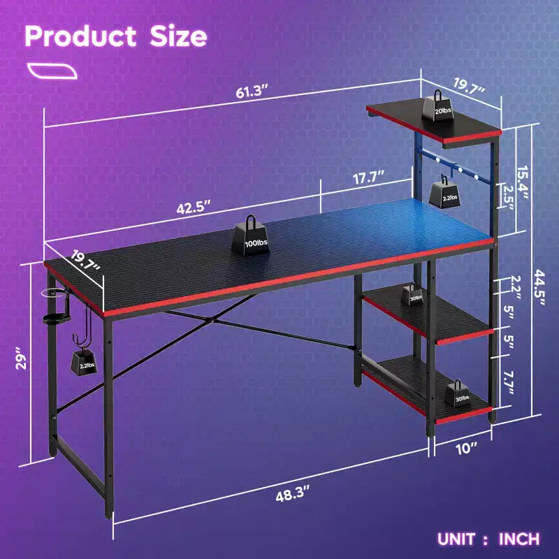 Bureau gaming Bestier de 155 cm avec éclairage LED RGB, bureau d'ordinateur avec étagères de rangement réversibles à 4 niveaux, crochets, porte-gobelet et aimants - Noir
