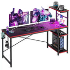 Bureau gaming Bestier de 155 cm avec éclairage LED RGB, bureau d'ordinateur avec étagères de rangement réversibles à 4 niveaux, crochets, porte-gobelet et aimants - Noir