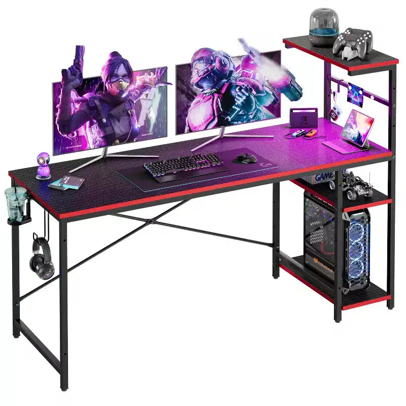 Bureau gaming Bestier de 155 cm avec éclairage LED RGB, bureau d'ordinateur avec étagères de rangement réversibles à 4 niveaux, crochets, porte-gobelet et aimants - Noir