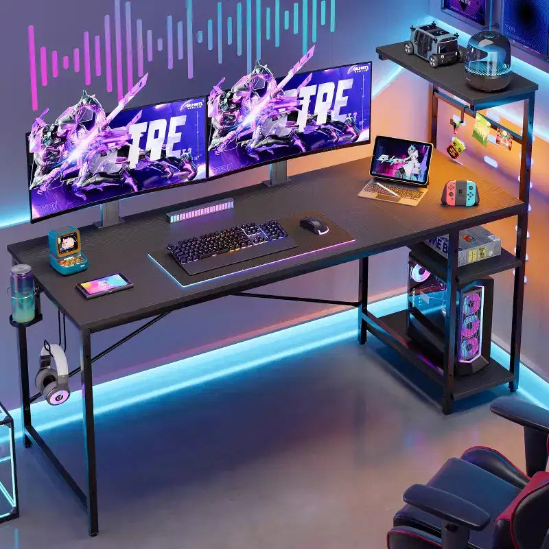 Bureau gaming Bestier de 155 cm avec éclairage LED RGB, bureau d'ordinateur avec étagères de rangement réversibles à 4 niveaux, crochets, porte-gobelet et aimants - Noir