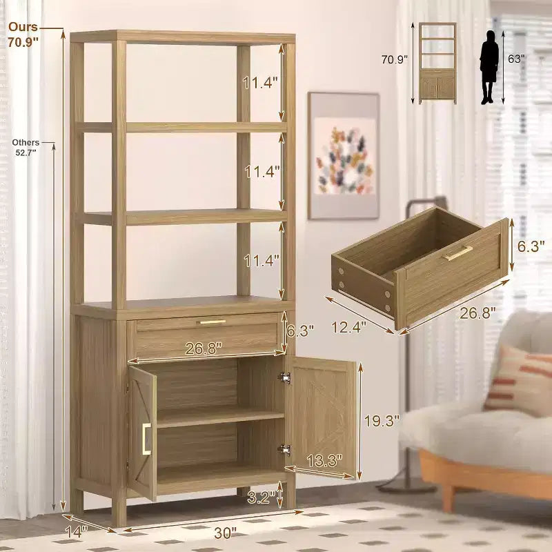 Garvee Étagère de Rangement Haute 71 cm avec Armoire et Tiroir, Bibliothèque de Ferme à 5 Niveaux avec Armoire de Rangement, pour Chambre à Coucher, Salon