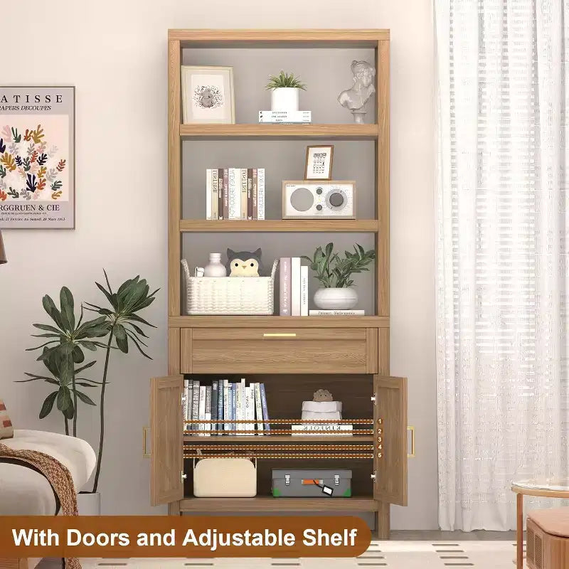 Garvee Étagère de Rangement Haute 71 cm avec Armoire et Tiroir, Bibliothèque de Ferme à 5 Niveaux avec Armoire de Rangement, pour Chambre à Coucher, Salon