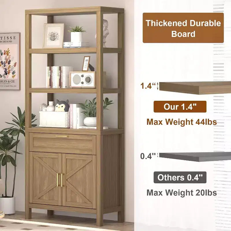 Garvee Étagère de Rangement Haute 71 cm avec Armoire et Tiroir, Bibliothèque de Ferme à 5 Niveaux avec Armoire de Rangement, pour Chambre à Coucher, Salon
