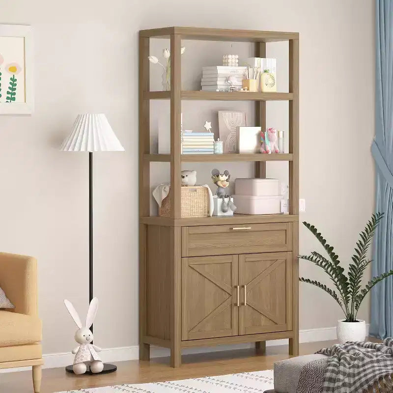 Garvee Étagère de Rangement Haute 71 cm avec Armoire et Tiroir, Bibliothèque de Ferme à 5 Niveaux avec Armoire de Rangement, pour Chambre à Coucher, Salon