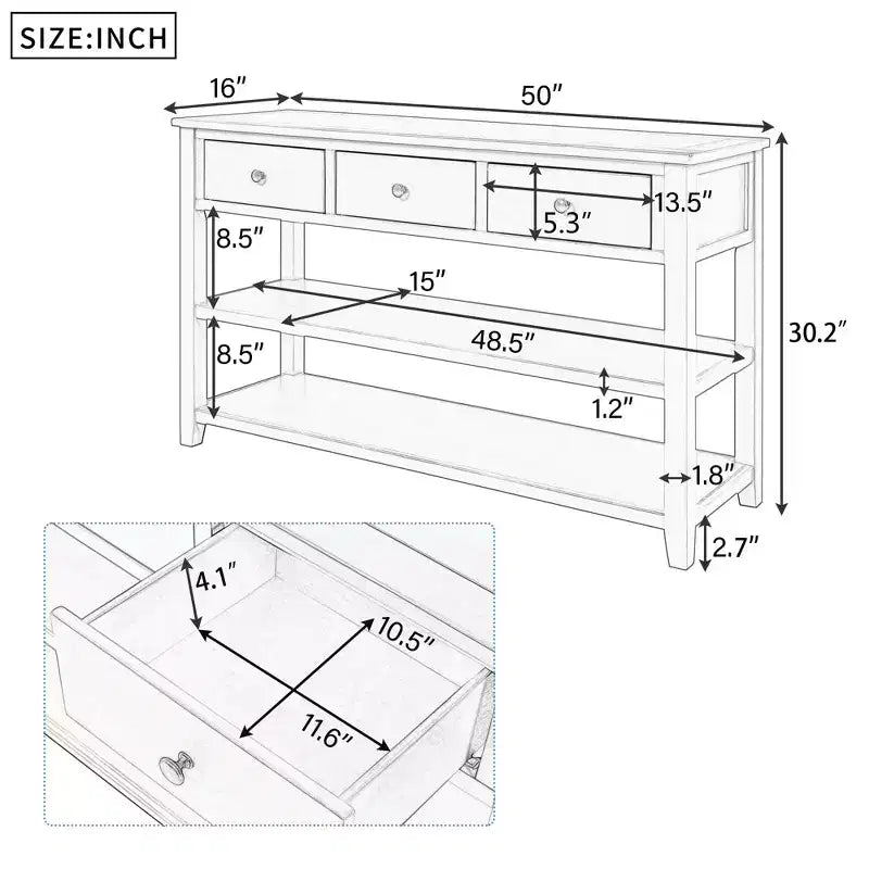 Console Whisen Modern Design avec 3 tiroirs et 2 étagères ouvertes
