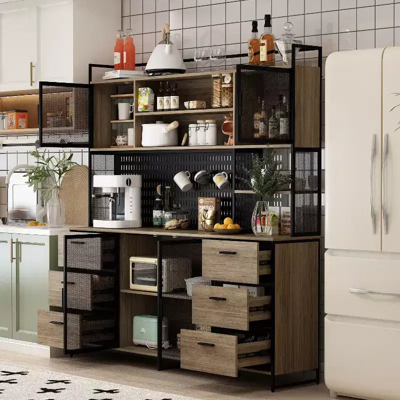 Buffet de cuisine multifonctionnel Famapy Marron effet bois avec étagère suspendue et étagère de présentation