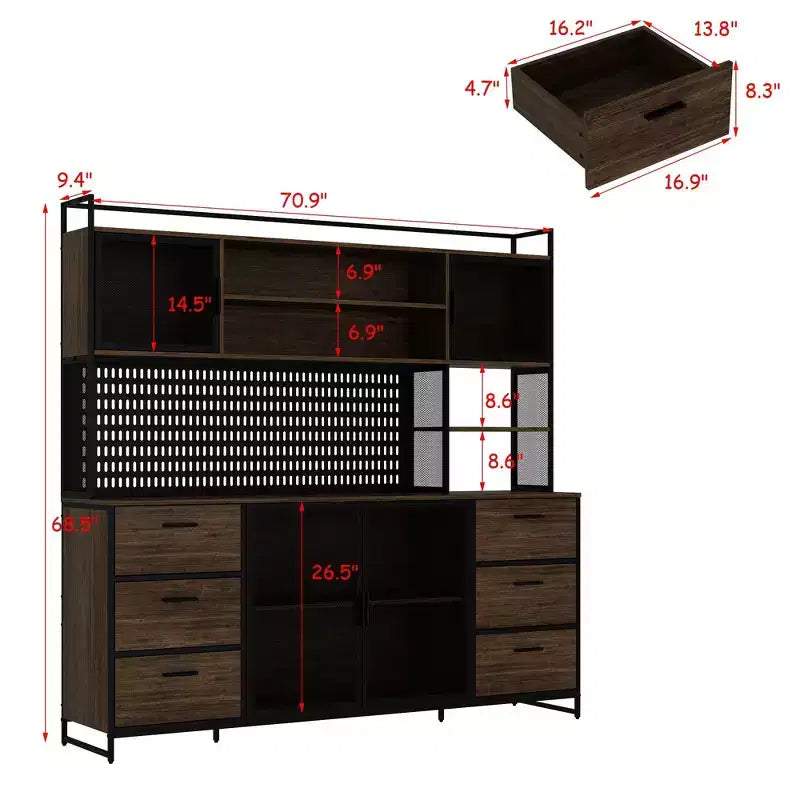 Buffet de cuisine multifonctionnel Famapy Marron effet bois avec étagère suspendue et étagère de présentation