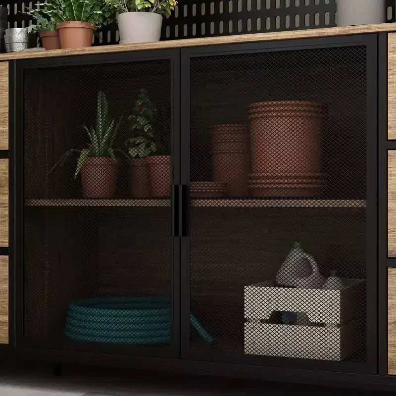 Buffet de cuisine multifonctionnel Famapy Marron effet bois avec étagère suspendue et étagère de présentation