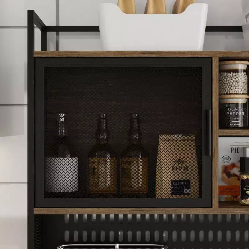 Buffet de cuisine multifonctionnel Famapy Marron effet bois avec étagère suspendue et étagère de présentation