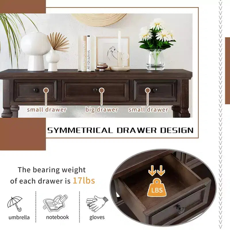Console Whisen de style rétro classique avec 3 tiroirs supérieurs et étagère ouverte