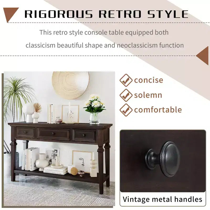 Console Whisen de style rétro classique avec 3 tiroirs supérieurs et étagère ouverte