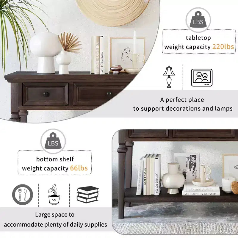 Console Whisen de style rétro classique avec 3 tiroirs supérieurs et étagère ouverte