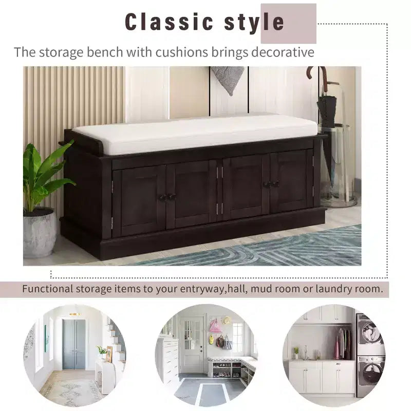 Banc de rangement Whisen de style classique avec 4 portes et des étagères réglables