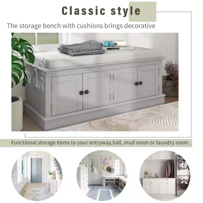 Banc de rangement Whisen de style classique avec 4 portes et des étagères réglables